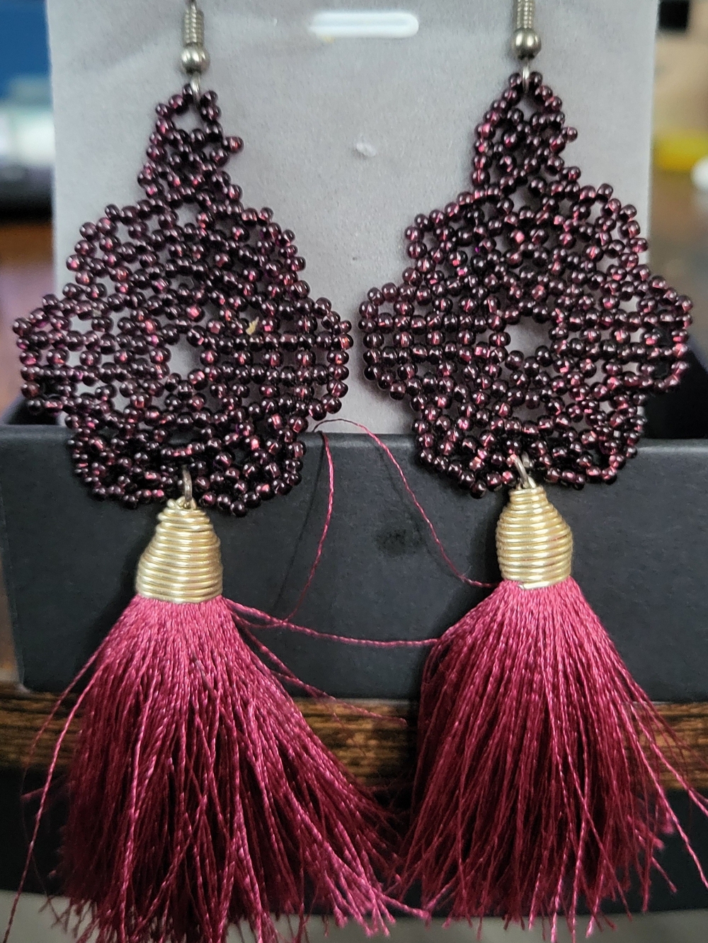 Handcrafted Burgundy Beaded Tassel Earrings - Unbranded